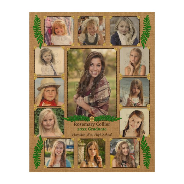 High School Graduation Photo Collage | Burlap Fern Wood Wall Art (Front)