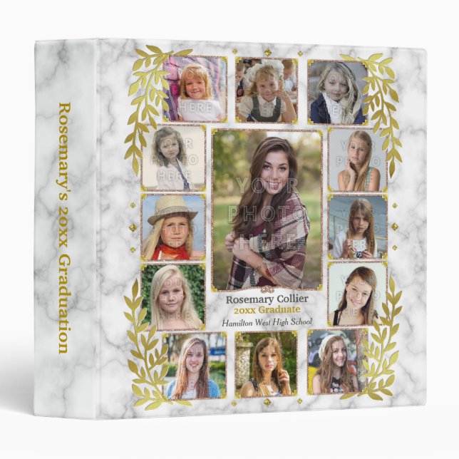 High School Graduation Photo Collage | Marble Gold 3 Ring Binder (Front/Spine)