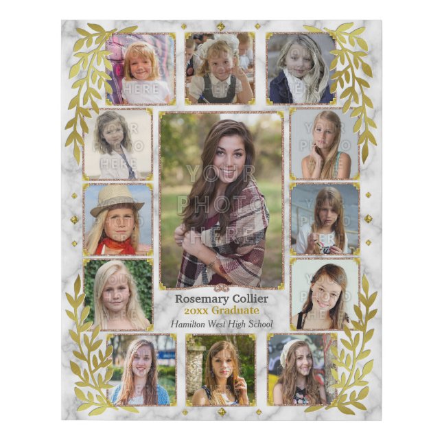 High School Graduation Photo Collage | Marble Gold Faux Canvas Print (Front)