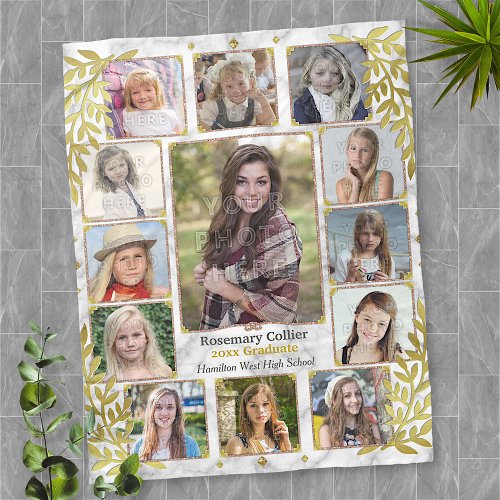 High School Graduation Photo Collage  Marble Gold Fleece Blanket