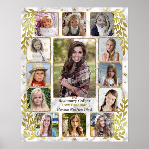 High School Graduation Photo Collage  Marble Gold Poster