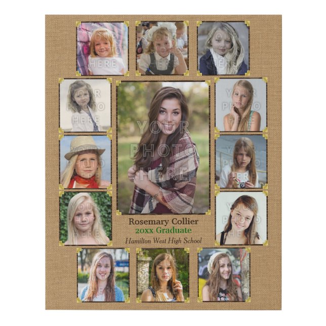 High School Graduation Photo Collage Rustic Burlap Faux Canvas Print (Front)