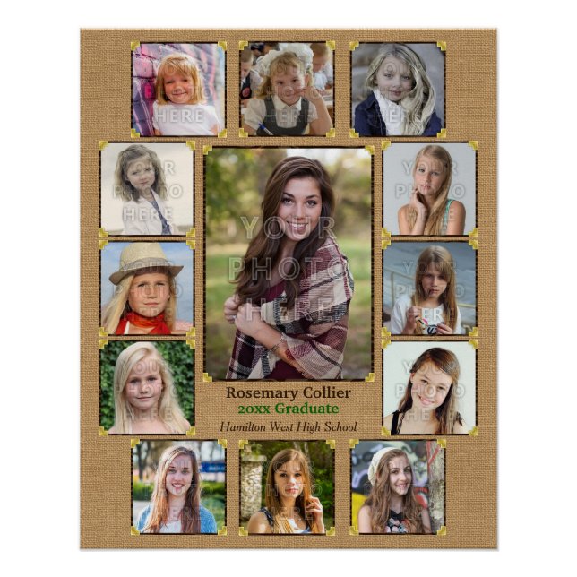 High School Graduation Photo Collage Rustic Burlap Poster (Front)