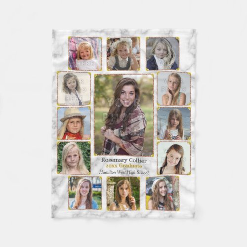 High School Graduation Photo Collage White Marble Fleece Blanket