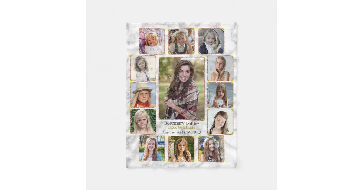 High School Graduation Photo Collage White Marble Fleece Blanket Zazzle