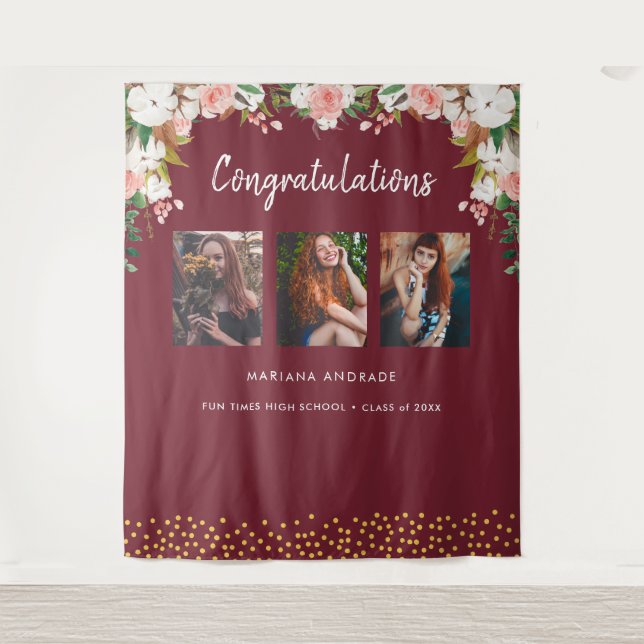 High School Graduation Photo Floral Burgundy Tapestry (Front)