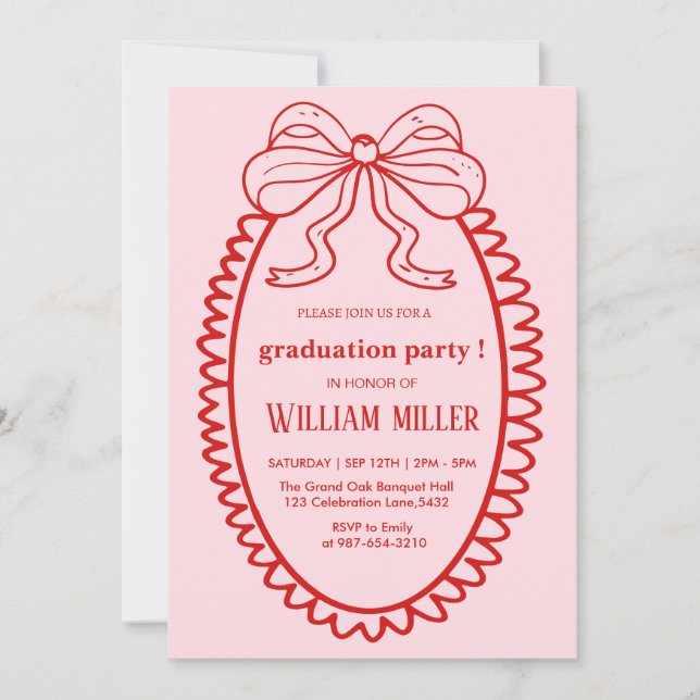 High School Hand Drawn Illustrated Pink & Red Grad Invitation (Front)