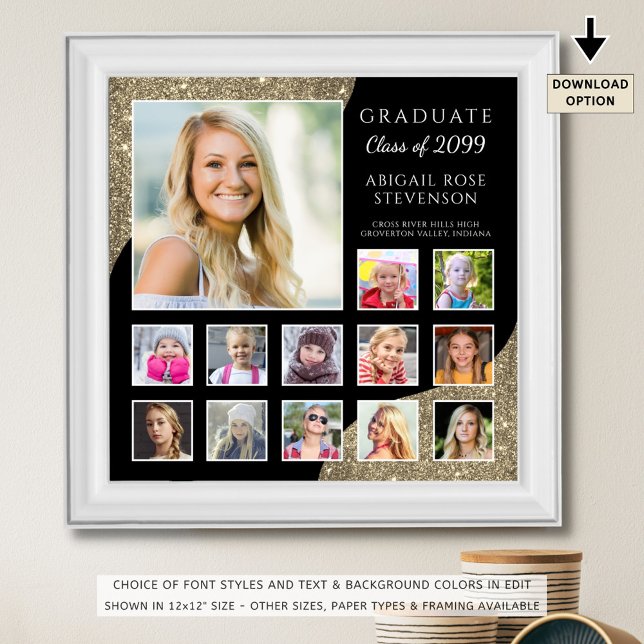 High School K-12 Photo Collage Black Gold Glitter Poster (Creator Uploaded)