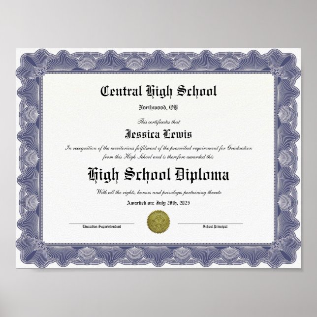 High School Keepsake Graduation Diploma  Poster (Front)