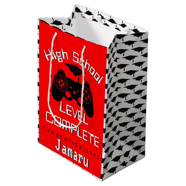 High School Level Complete| Gamer Graduation Medium Gift Bag (Front Angled)
