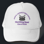 High School Marching Band Custom Purple Script Trucker Hat<br><div class="desc">This modern high school marching band hat features the student and band name in purple script under the drums. Customize for symphonic,  wind ensemble,  or concert band members or their director for a great graduation keepsake gift.</div>
