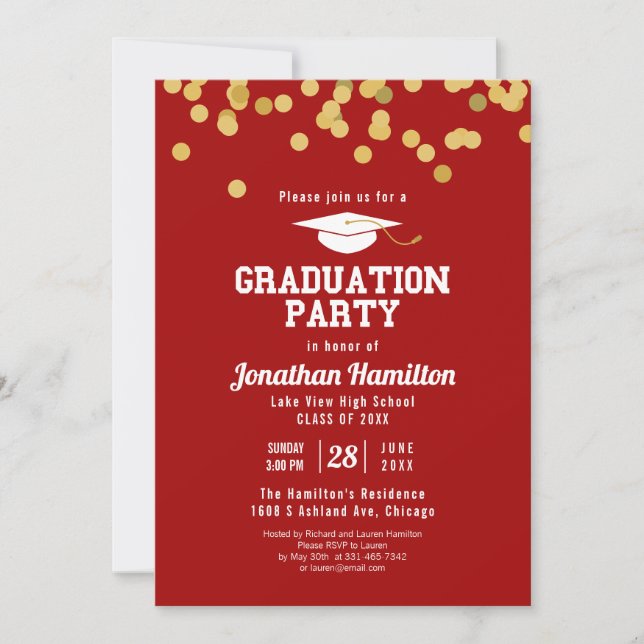 High School Red Graduation Party Confetti Invitation (Front)