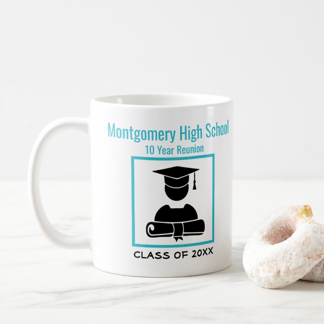 High School Reunion Custom Name Black Pastel Blue Coffee Mug (With Donut)