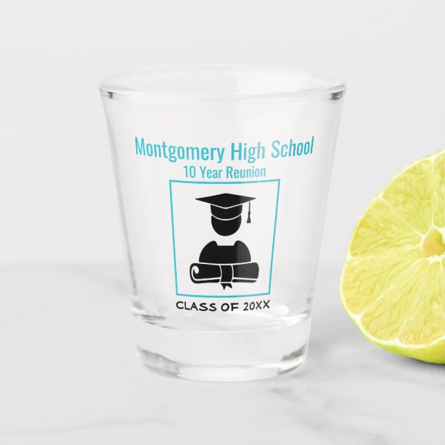 High School Reunion Custom Name Black Pastel Blue Shot Glass (Front)