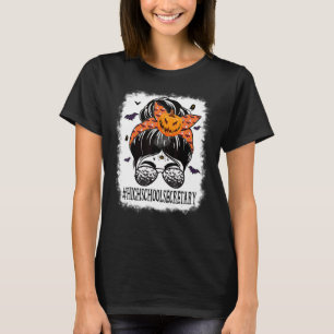High School Secretary Messy Bun Spooky Bat Orange T-Shirt