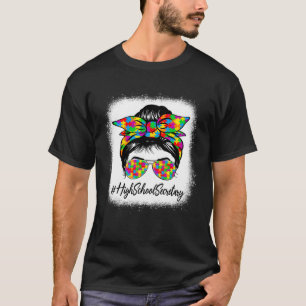 High School Secretary Messy Bun Women Autism Aware T-Shirt