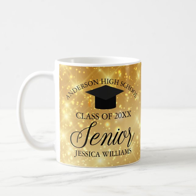 High School Senior Girl Gold Sparkle Custom 2024 Coffee Mug (Left)
