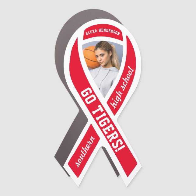 High School Sports Team Photo Red Ribbon Car Magnet (Front)