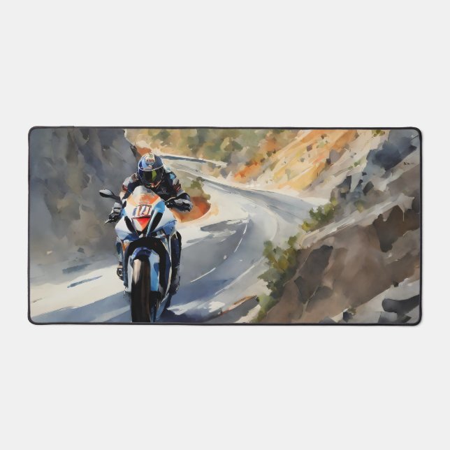 High-Speed Adventure in Vibrant Mountain Landscape Desk Mat (Front)