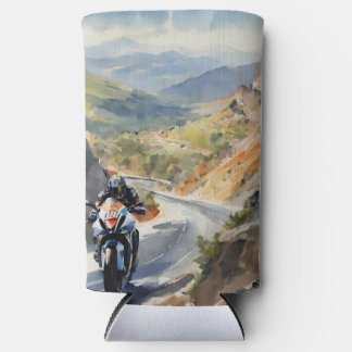 High-Speed Adventure in Vibrant Mountain Landscape Seltzer Can Cooler