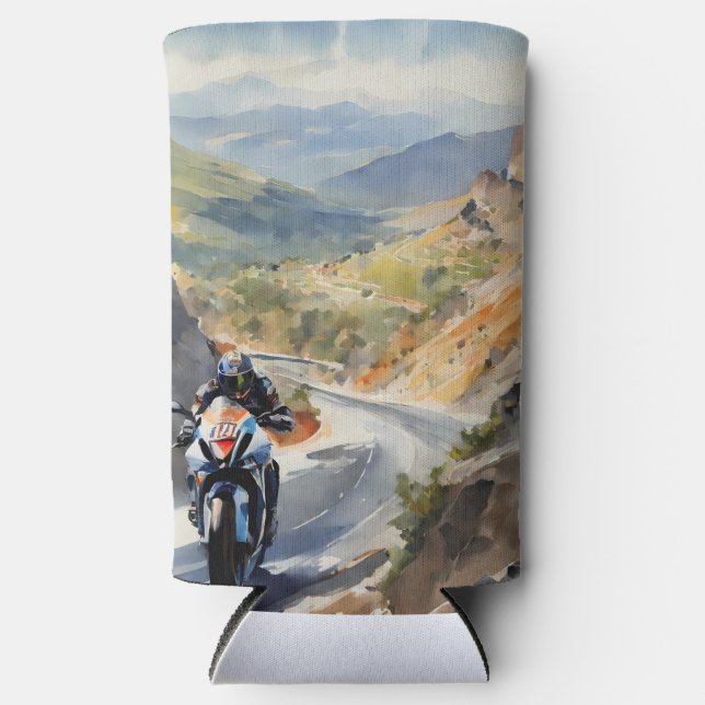 High-Speed Adventure in Vibrant Mountain Landscape Seltzer Can Cooler (Front)