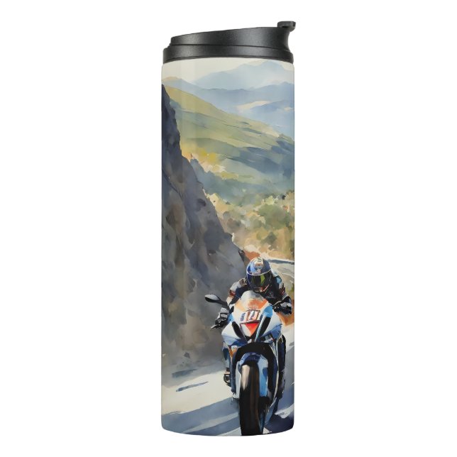 High-Speed Adventure in Vibrant Mountain Landscape Thermal Tumbler (Rotated Left)