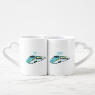 High speed bullet train cartoon illustration coffee mug set