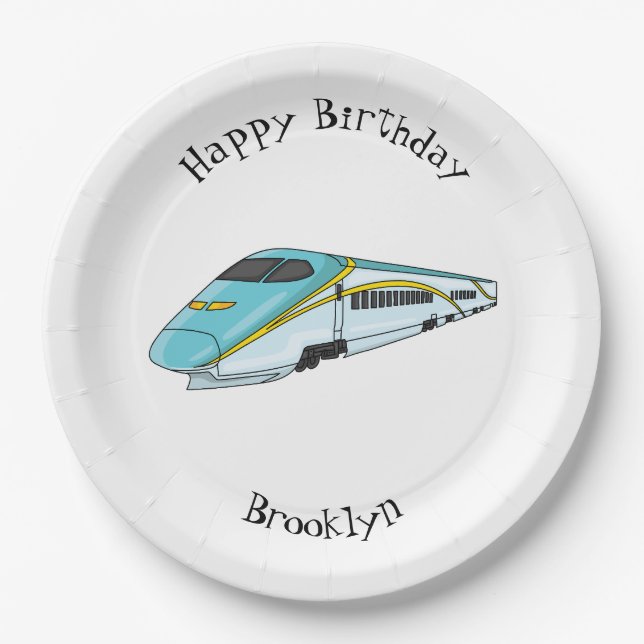 High speed bullet train cartoon illustration paper plates (Front)
