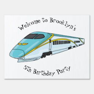 High speed bullet train cartoon illustration sign