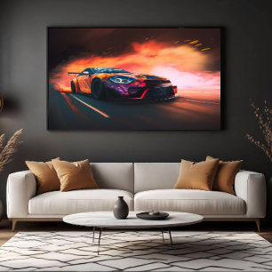 High-Speed Drift Car Digital Neon Sunset Canvas Print