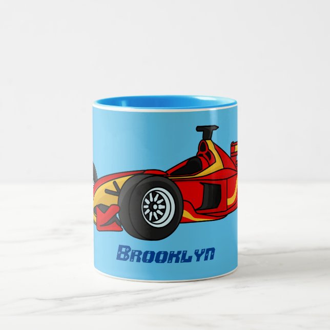 High speed racing cars cartoon illustration Two-Tone coffee mug (Center)