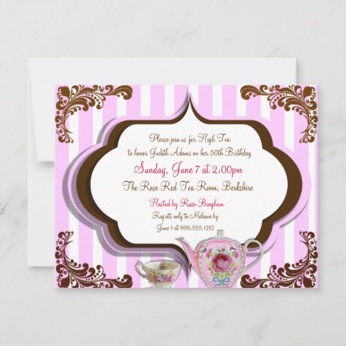 High Tea Birthday Invitations Front and Back