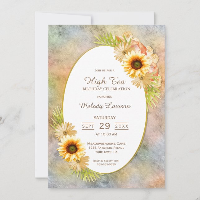 High Tea Birthday Painted Gold Floral Party Invitation (Front)