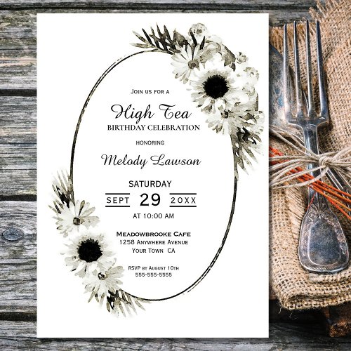 High Tea Black and White Floral Birthday Party Invitation