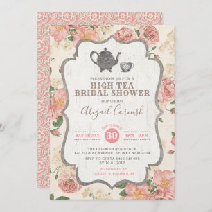High Tea Bridal Shower Vintage Pink Floral Wedding Invitation