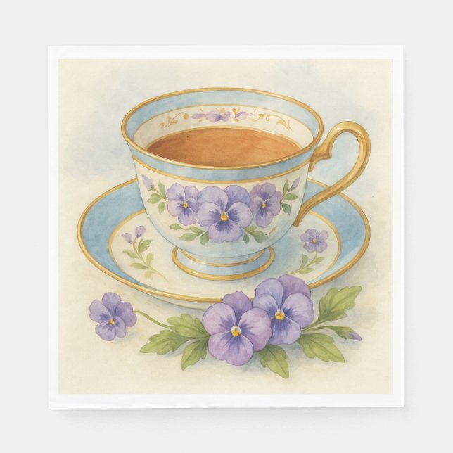 High Tea Napkins | Vintage Tea Cup & Pansies (Front)