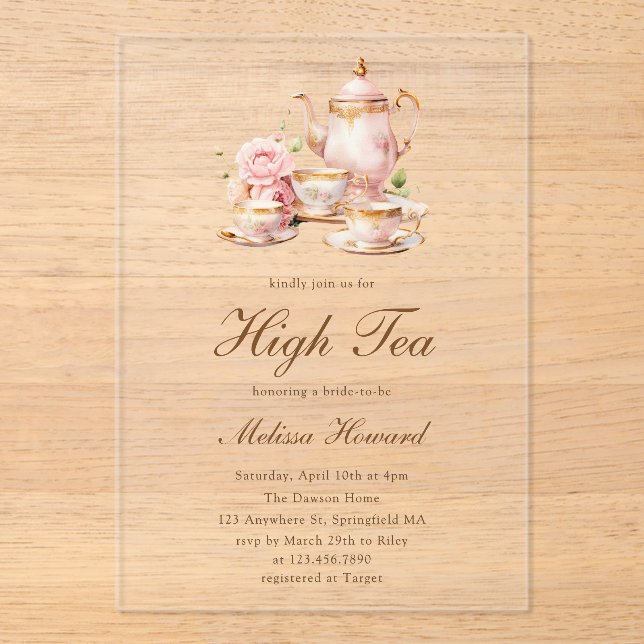 High Tea Pastel Gold Bridal Shower Acrylic Invitations (Front)
