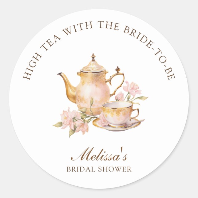 High Tea Pastel Gold Bridal Shower Classic Round Sticker (Front)