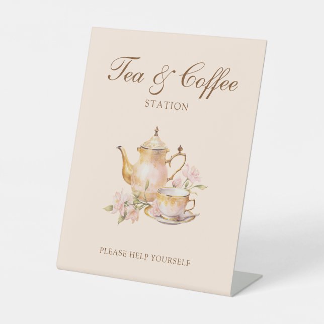 High Tea Pastel Orange Bridal Shower Tea & Coffee Pedestal Sign (Front)