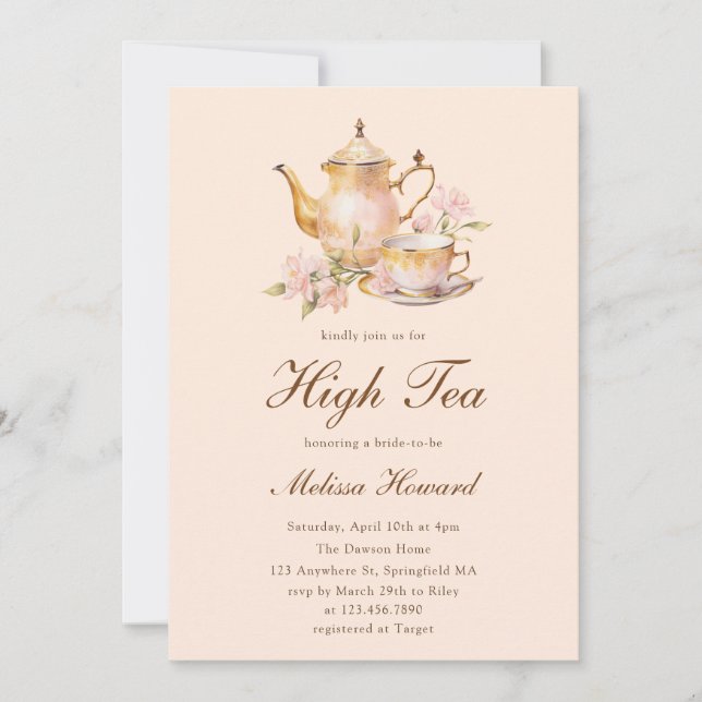 High Tea Pastel Orange Gold Bridal Shower Invitation (Front)