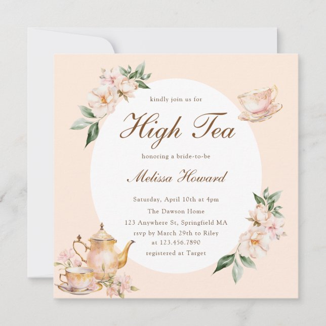 High Tea Pastel Orange Gold Bridal Shower Invitation (Front)