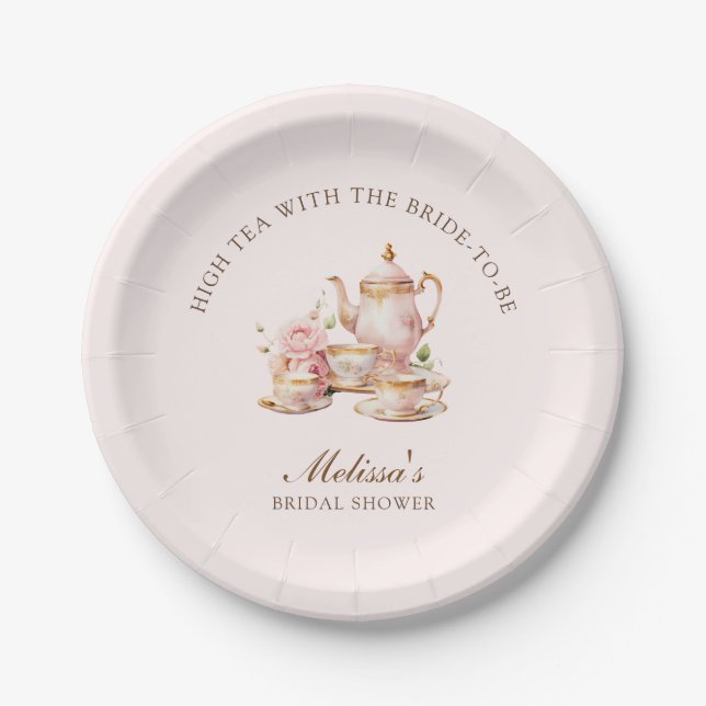 High Tea Pastel Pink Gold Bridal Shower Paper Plates (Front)