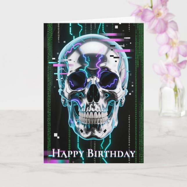 High-Tech Neon Cyber Chrome Skull Card (Orchid)