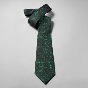 High Tech Technology Geometric Black Green Circuit Neck Tie