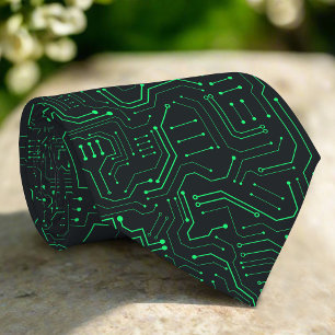 High Tech Technology Geometric Black Green Circuit Neck Tie