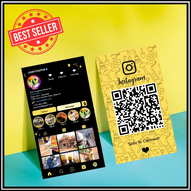 High-Visibility Yellow Construction Instagram QR Business Card (Creator Uploaded)