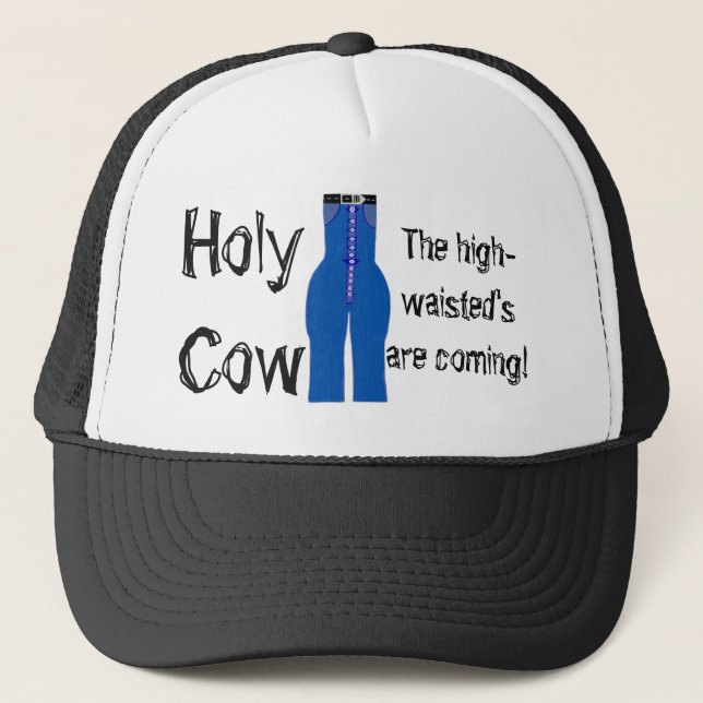 High Waisted Blue Denim Retro Humor Trucker Hat (Front)