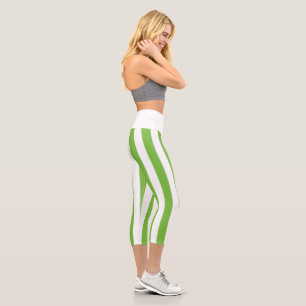High Waisted Capri Green & White Stripe Leggings