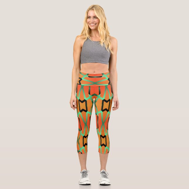 High Waisted Capris, Multi color fabric pattern Capri Leggings (Front)