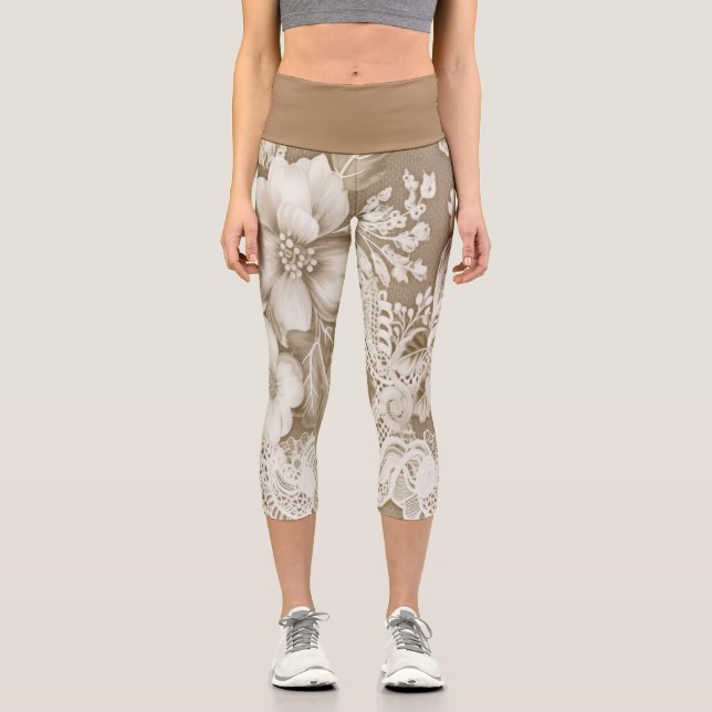 High Waisted Capris Vintage Lace Design (Front)